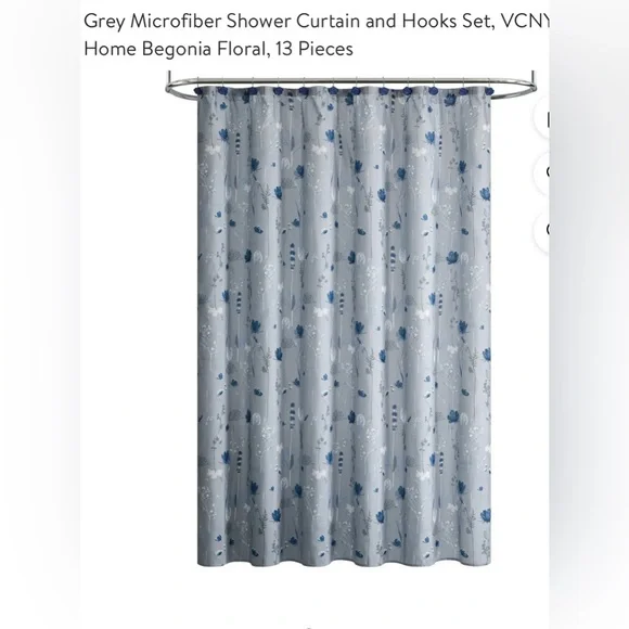 VCNY Home Begonia Grey Floral Shower Curtain Set with hooks - Picture 2 of 6